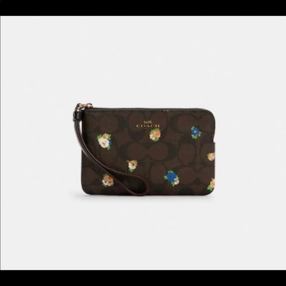 Coach Corner Zip Wristlet Brown Signature Canvas Mini Rose Print C7381